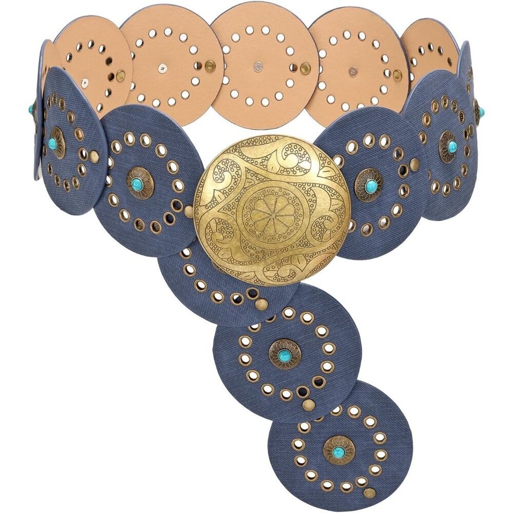 Woman's Western PU Leather Belts Concho Disc Wide Waist Belt Denim Bronze Buckle